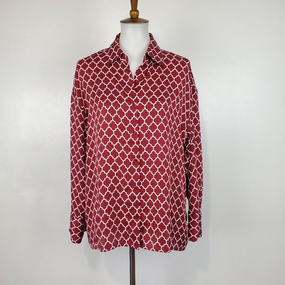 Express Tops - Express Maroon White Moroccan Lattice Button Up Drop Shoulder Top Size S